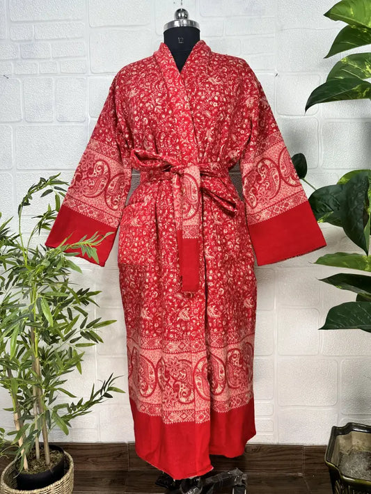 Unisex Yak Wool Blend Geometric Diamonds Kimono/Robe | Luxurious Red Beige Teal Urban Floral Print | Warm Hygge Christmas Gift for Her & Him