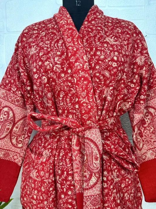 Unisex Yak Wool Blend Geometric Diamonds Kimono/Robe | Luxurious Red Beige Teal Urban Floral Print | Warm Hygge Christmas Gift for Her & Him