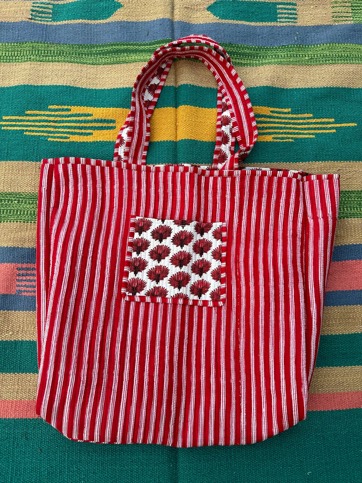 Quilted Cotton Extra Large Tote Bag, Reversible Weekender Shoulder Bag, Eco Friendly Sturdy Grocery Shopping Red White Floral