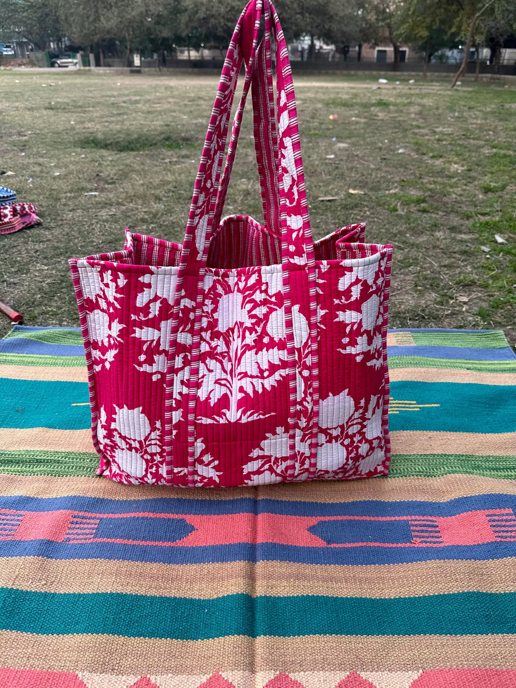 reversible Cotton Tote Bag in red white floral