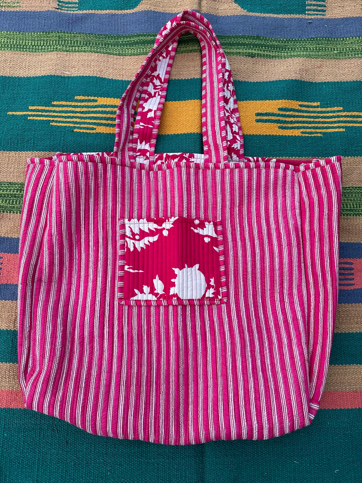 Quilted Cotton Extra Large Tote Bag, Reversible Weekender Shoulder Bag, Eco Friendly Sturdy Grocery Shopping Vibrant Red White Floral