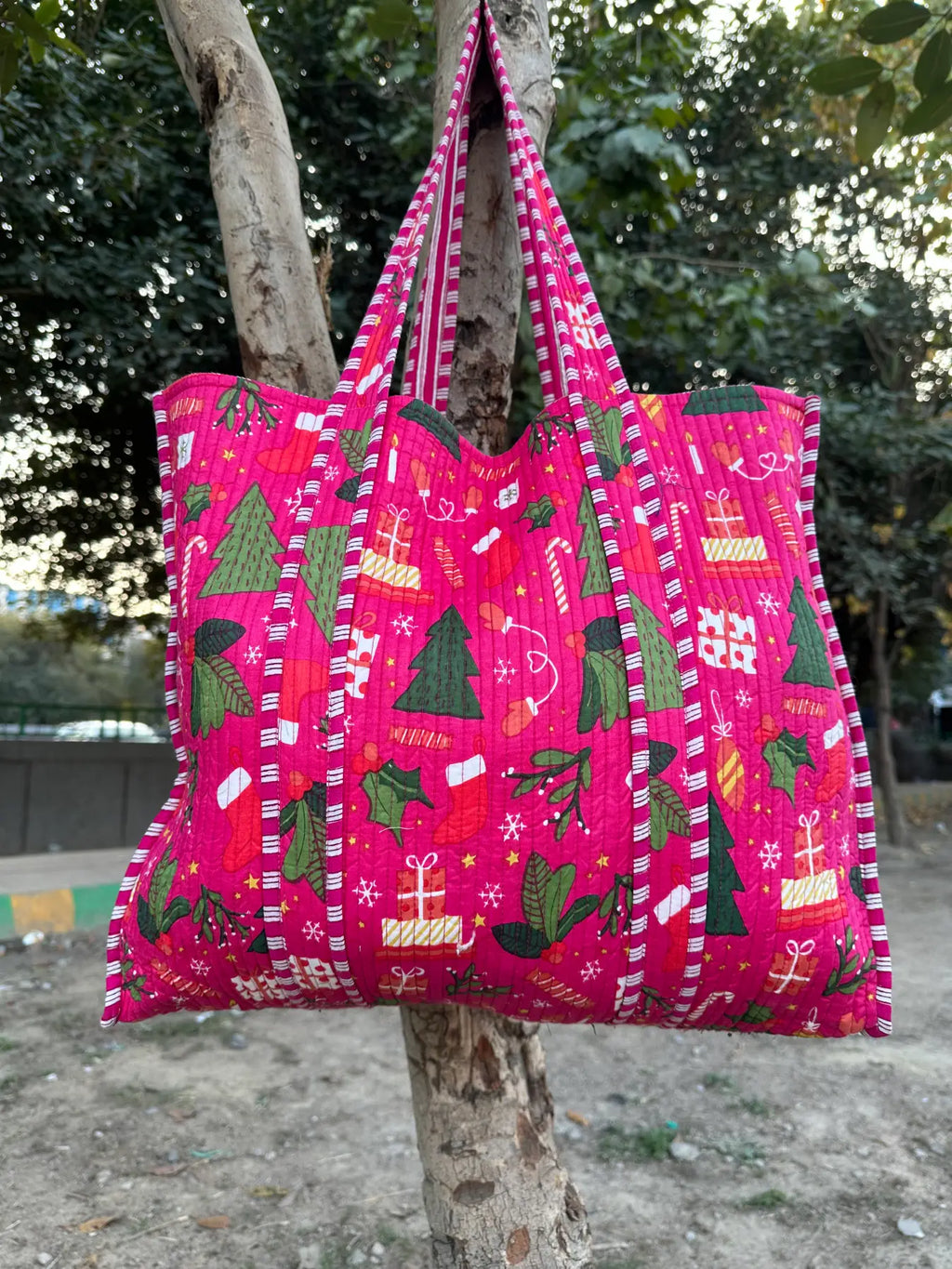 reversible Cotton Tote Bag in pink green