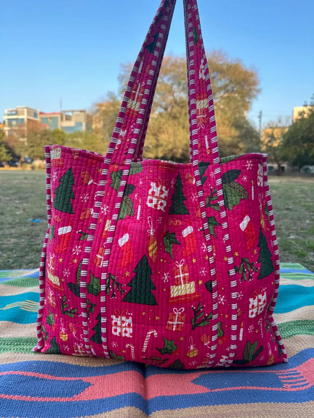 reversible Cotton Tote Bag in pink green