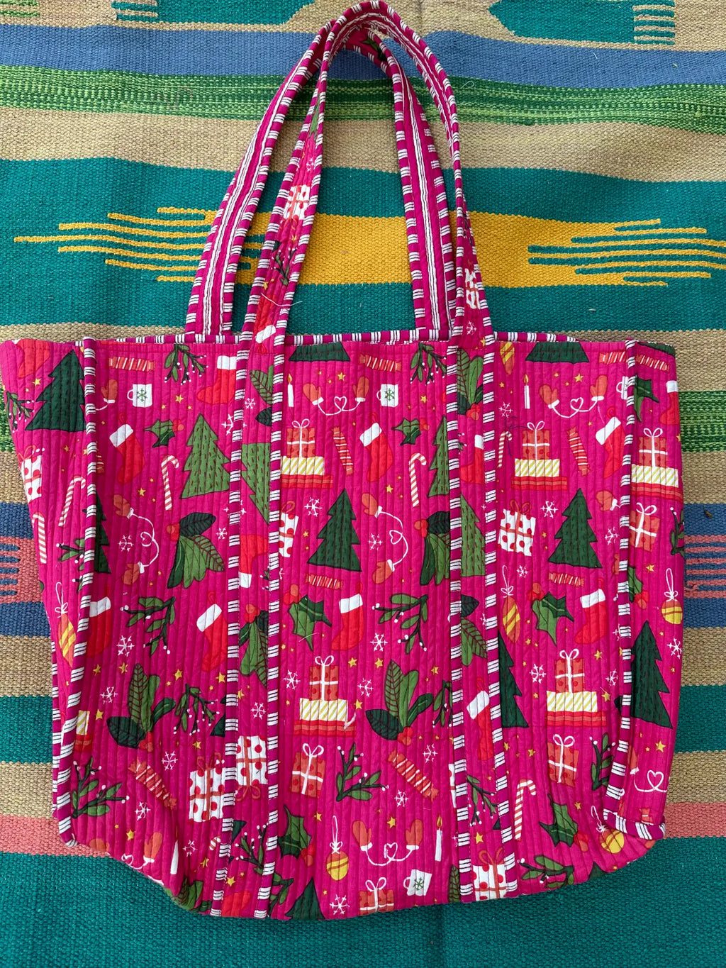 reversible Cotton Tote Bag in pink green