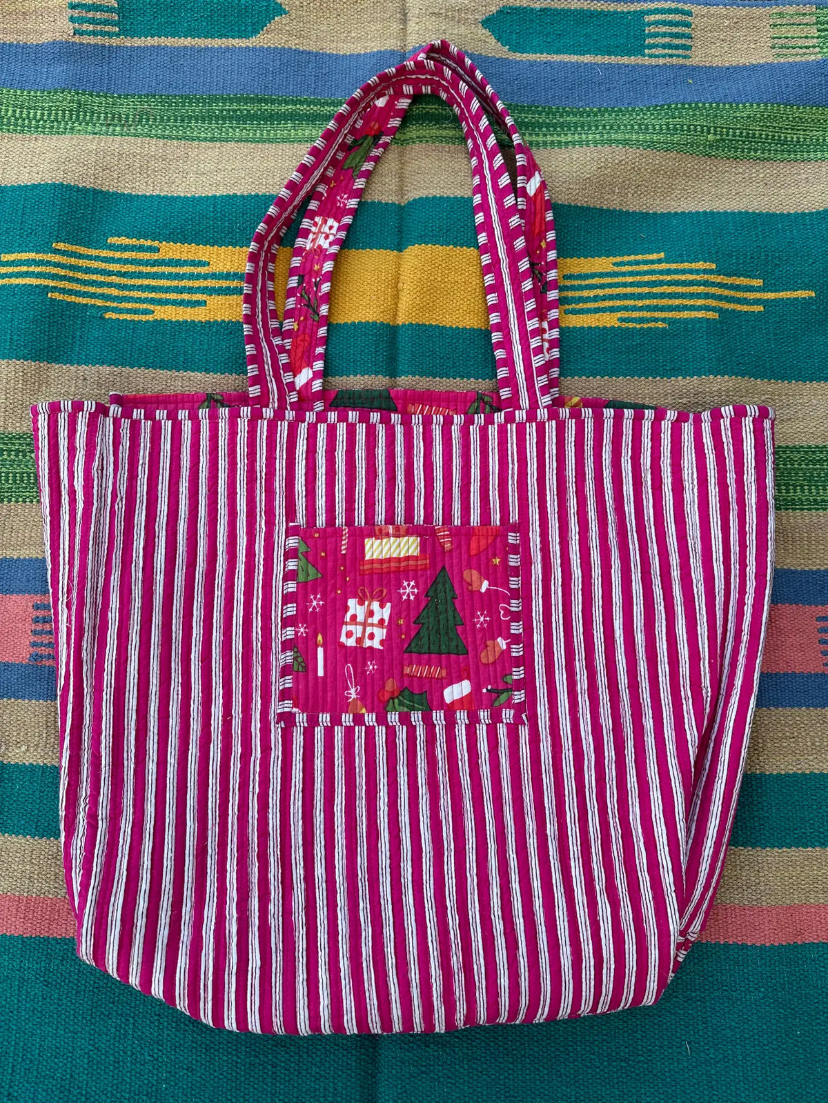 Quilted Cotton Extra Large Tote Bag, Reversible Weekender Shoulder Bag, Eco Friendly Sturdy Grocery Shopping Vibrant Pink Green Christmas Bag