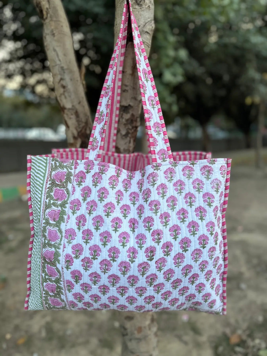 reversible Cotton Tote Bag in pink white