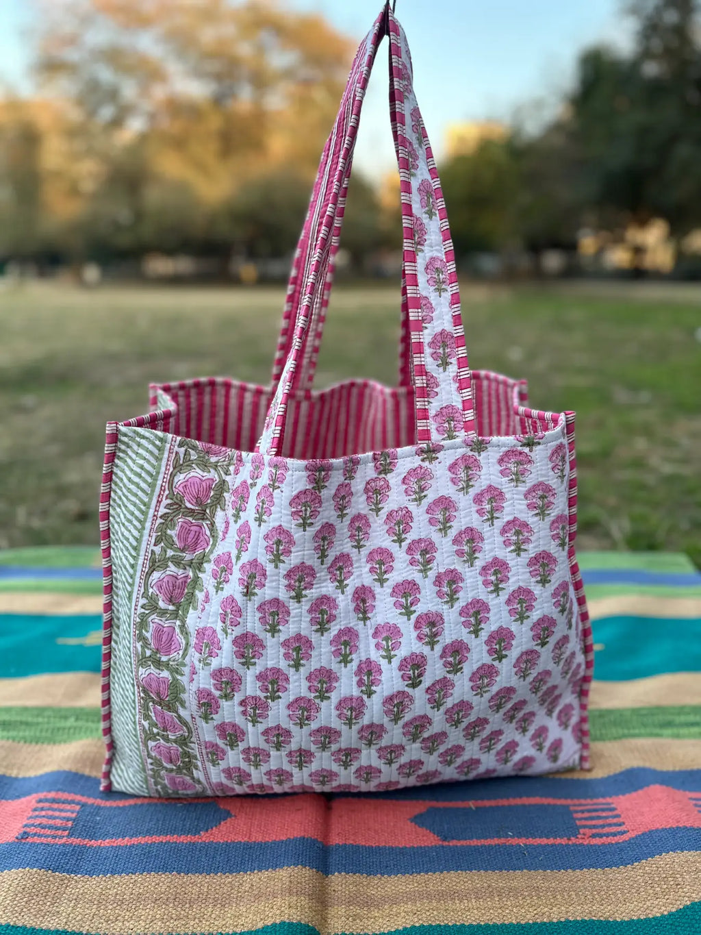 reversible Cotton Tote Bag in pink white