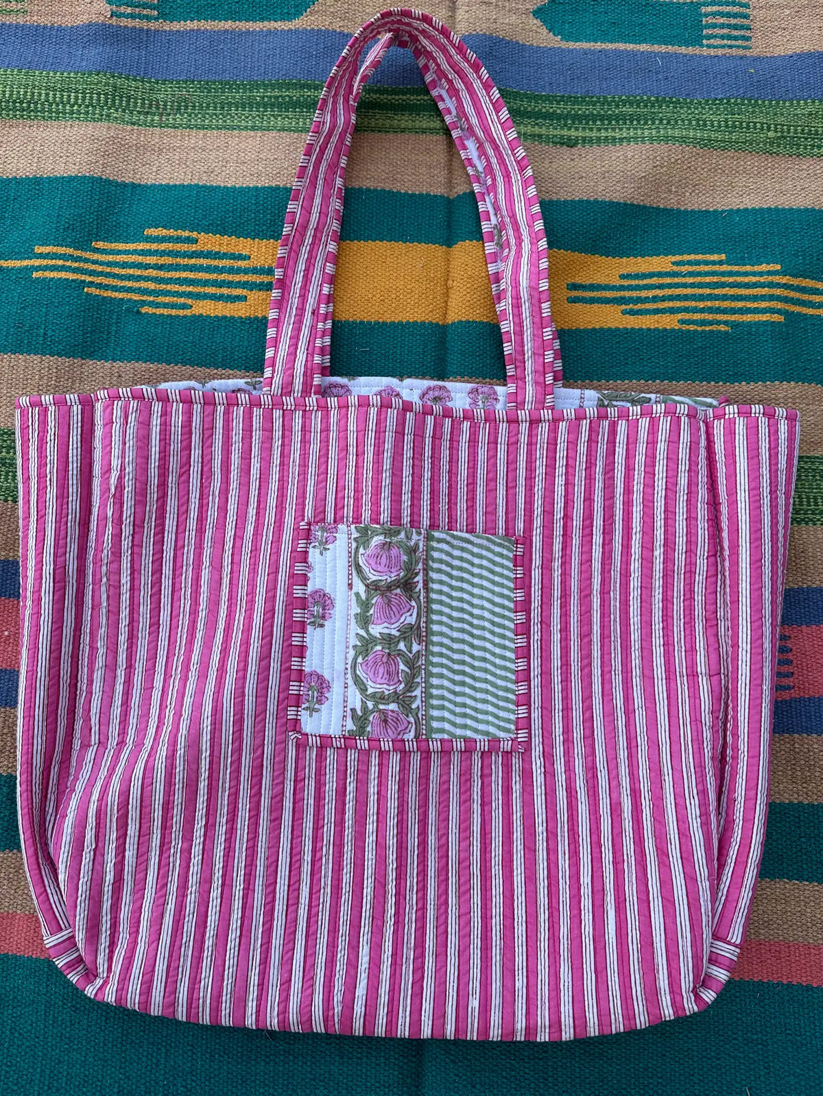 Quilted Cotton Extra Large Tote Bag, Reversible Weekender Shoulder Bag, Eco Friendly Sturdy Grocery Shopping Vibrant Mid Night Pink White