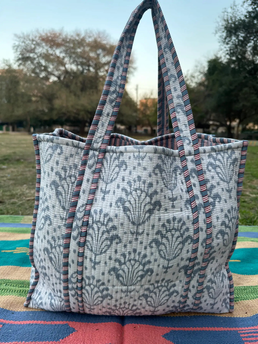 reversible Cotton Tote Bag in white gray motif