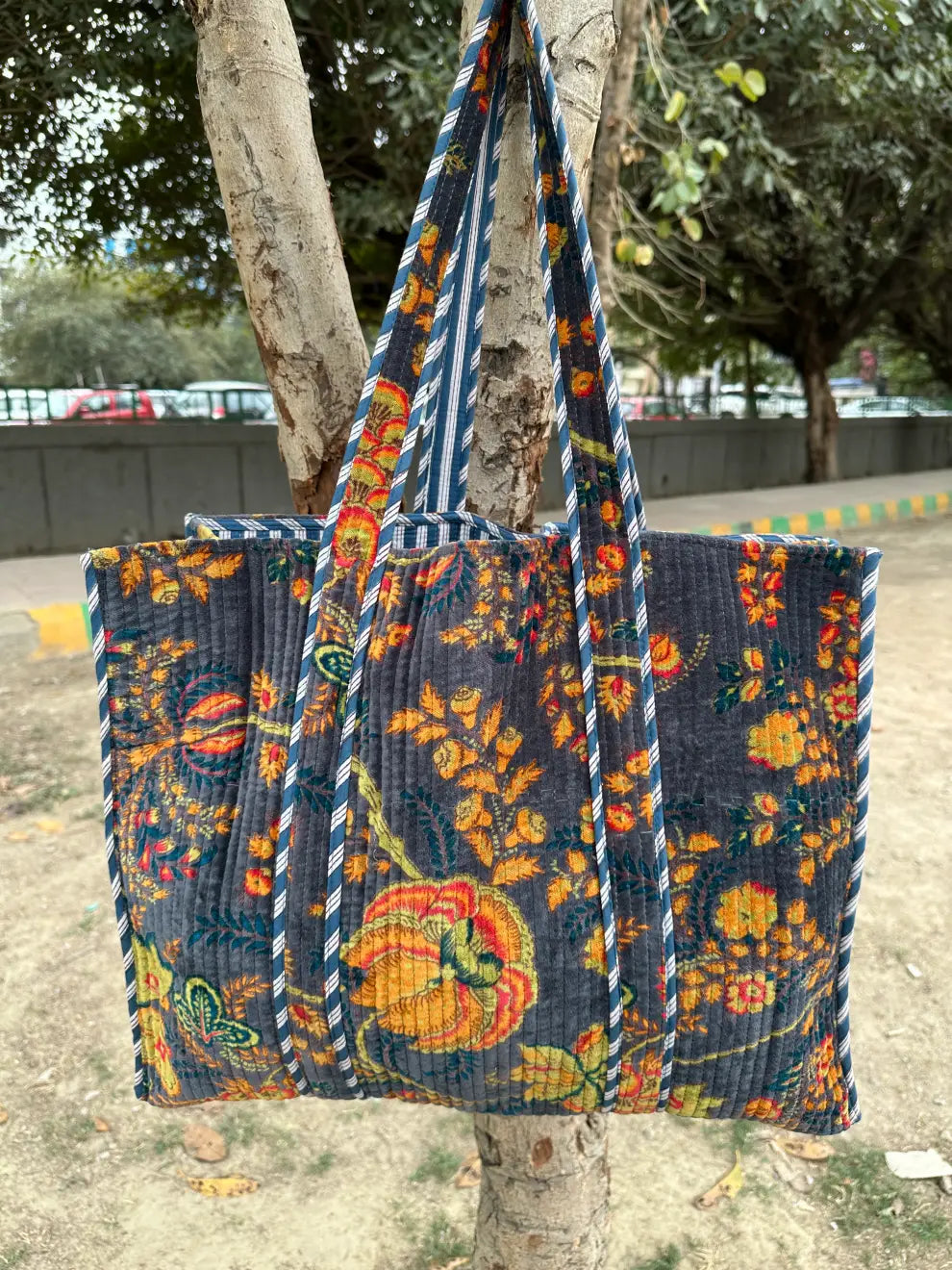 reversible Velvet & Cotton Tote Bag in ochre