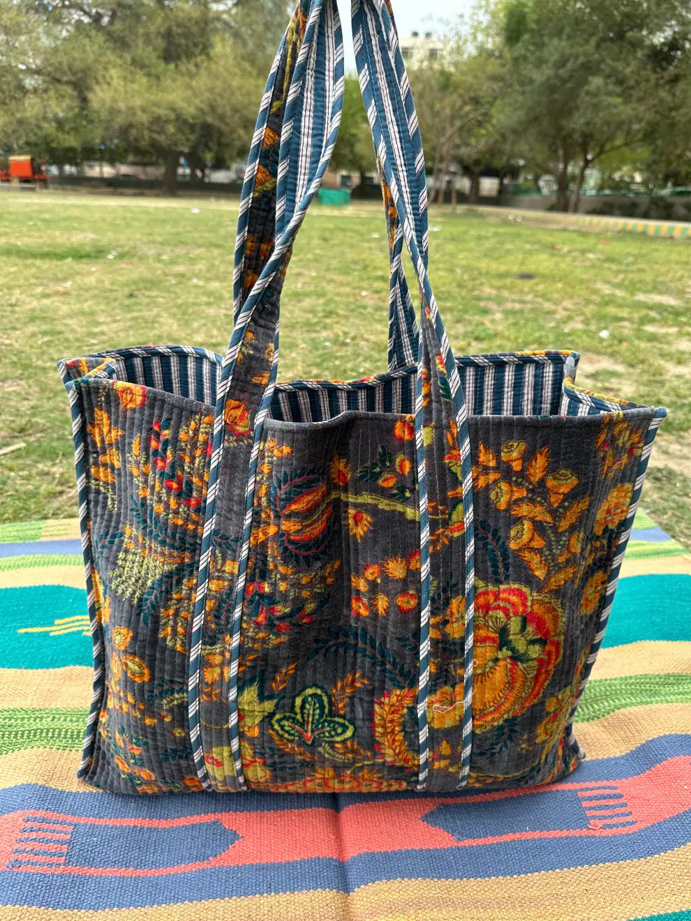reversible Velvet & Cotton Tote Bag in ochre