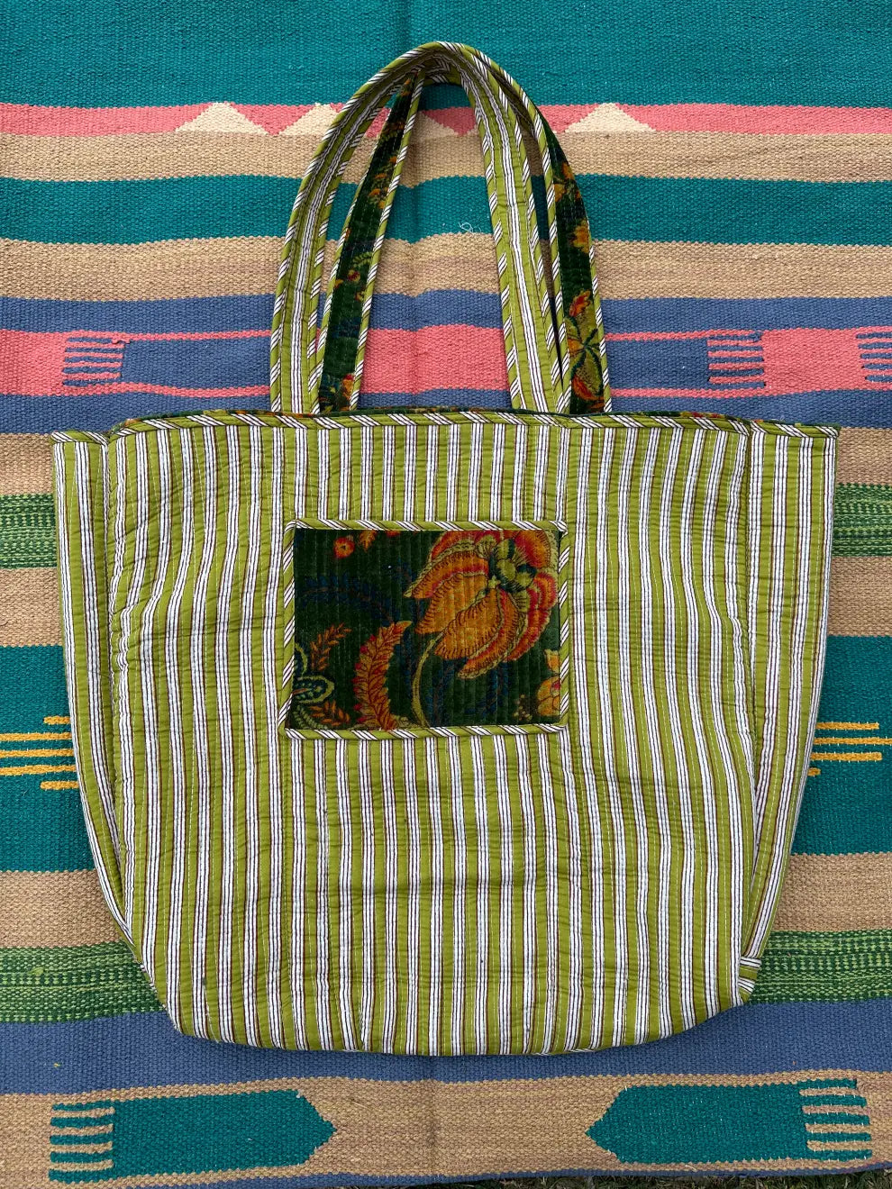 Boho Tote Bag Large Reversible Quilted Velvet Cotton | Beach Weekend Bag Eco friendly Sustainable Sturdy Grocery Shopping Ochre