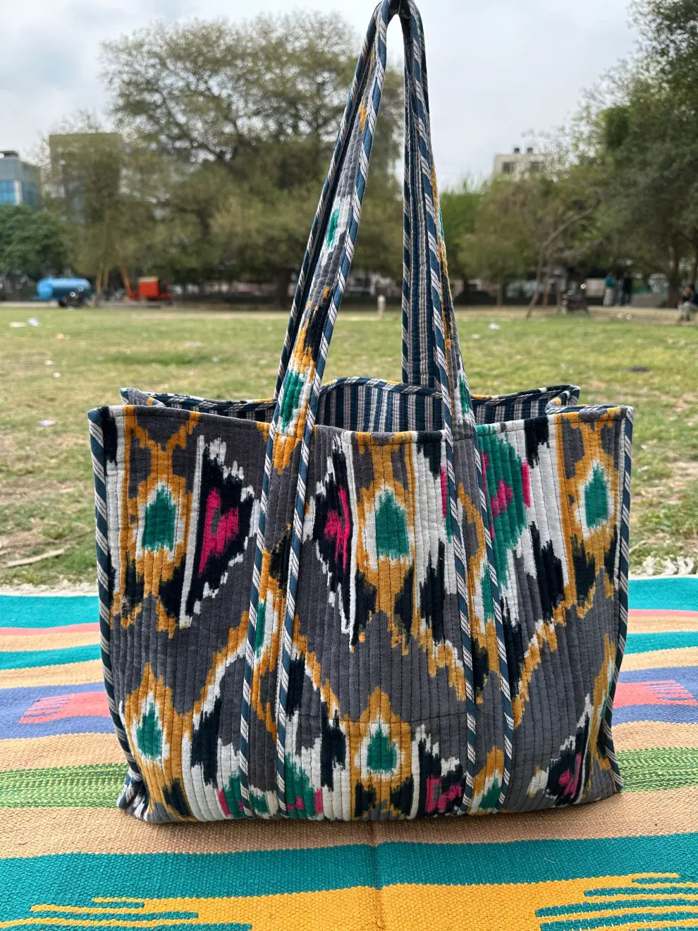 reversible Velvet & Cotton Tote Bag in ochre