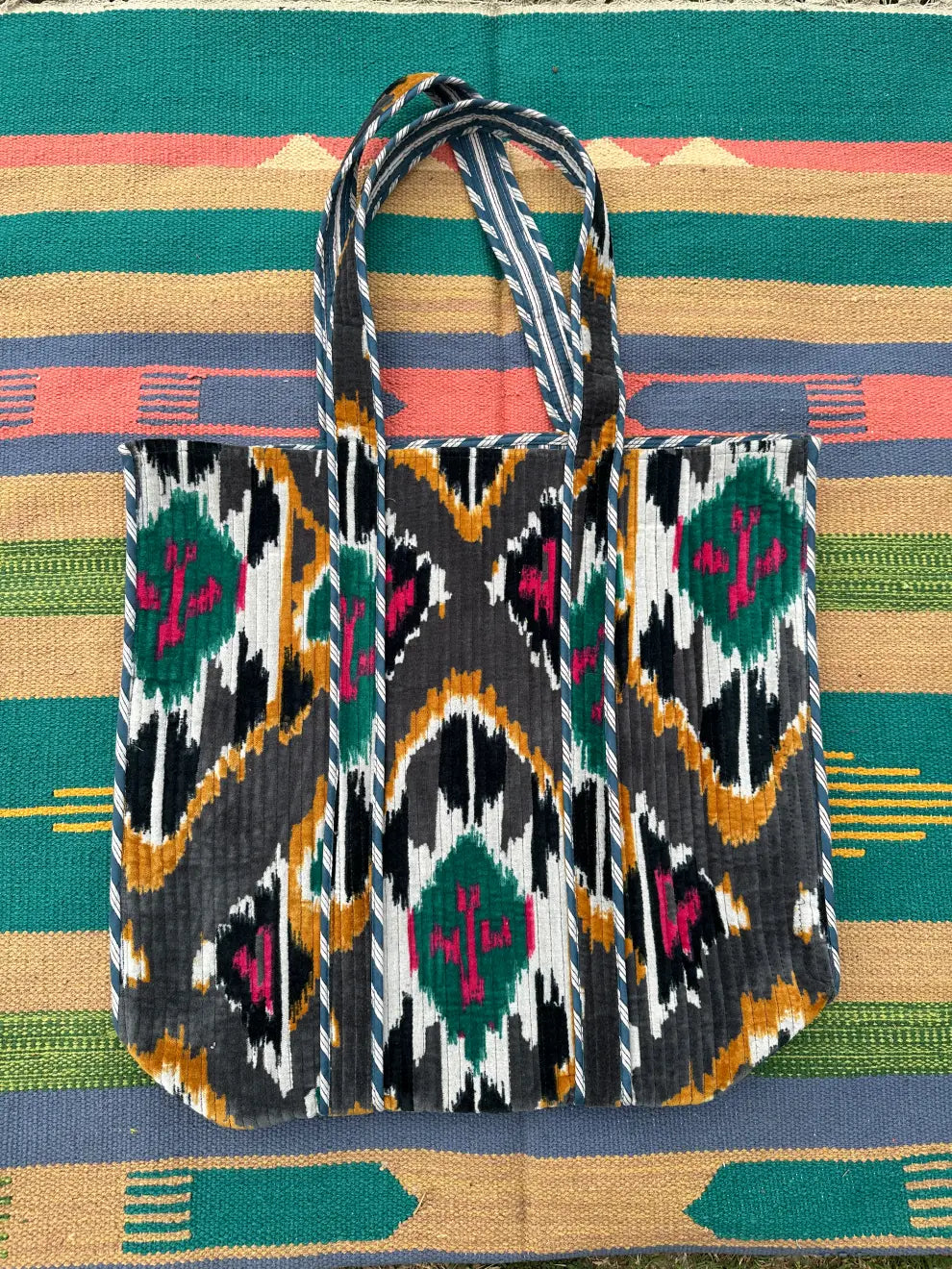Boho Tote Bag Large Reversible Quilted Velvet Cotton | Beach Weekend Bag Eco friendly Sustainable Sturdy Grocery Shopping Ochre