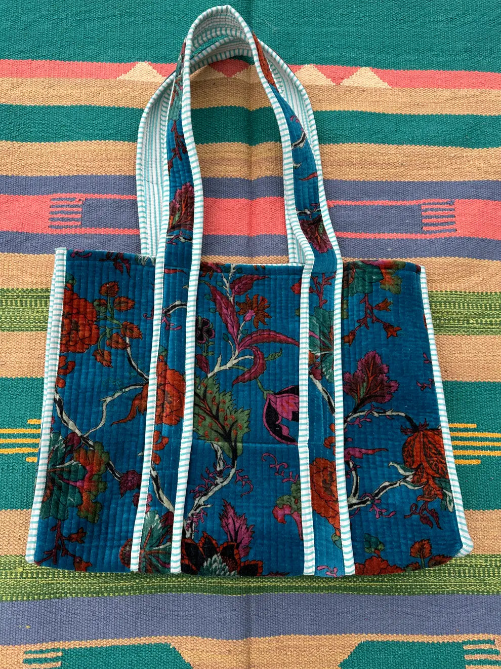 Boho Tote Bag Large Reversible Quilted Velvet Cotton | Beach Weekend Bag Eco friendly Sustainable Sturdy Grocery Shopping Ochre