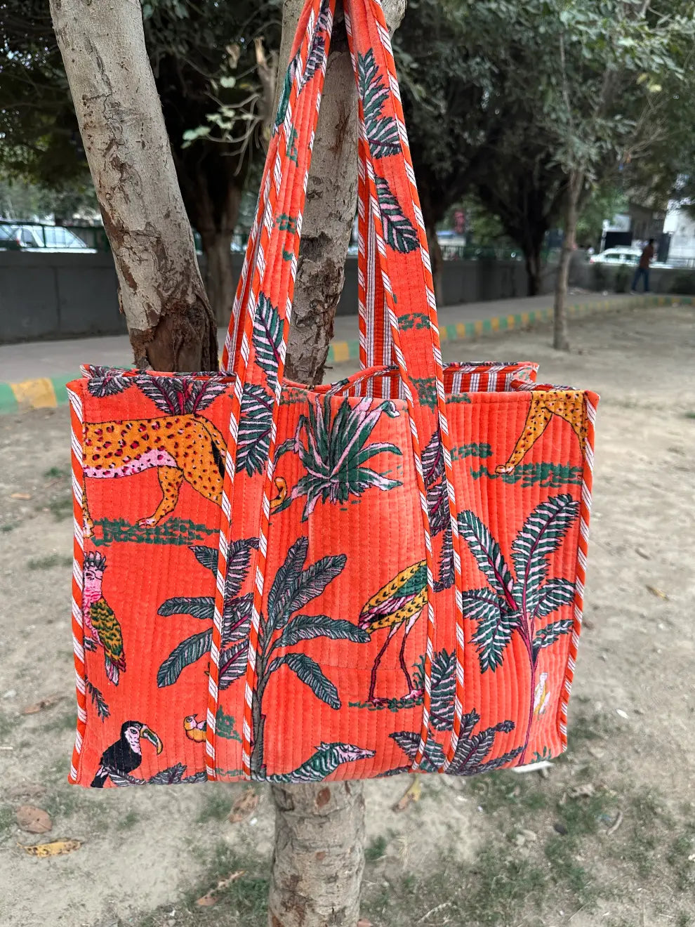 reversible Velvet & Cotton Tote Bag in ochre