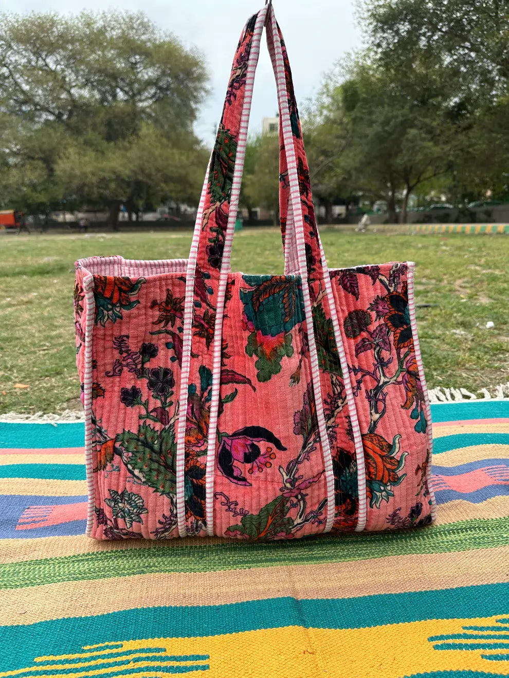 reversible Velvet & Cotton Tote Bag in ochre