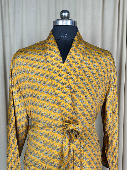 Silky Soft Men’s Kimono Robe | Masculine Elegant Classic Sustainable Vintage House Robe gift, Timeless Comfy Lounge Beach Wear Yellow Floral