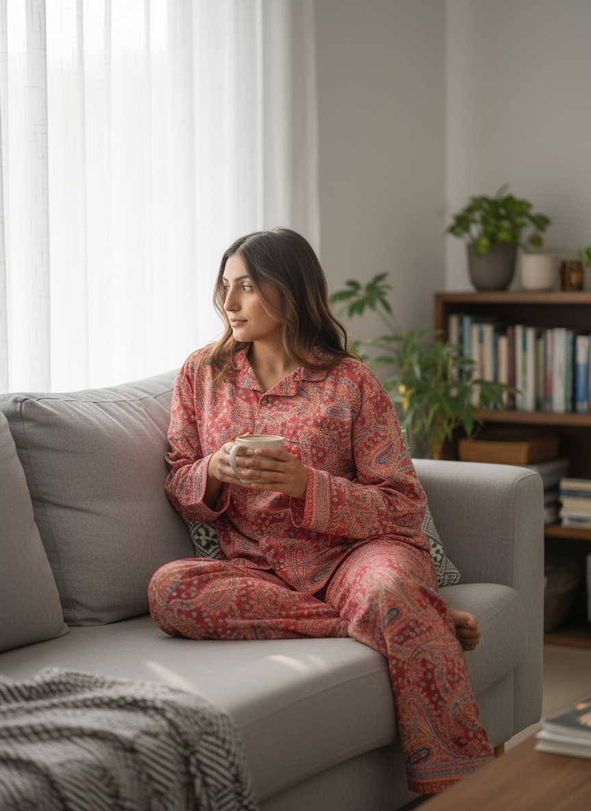 Women's Silk Blend Pajama Set in paisley with pockets