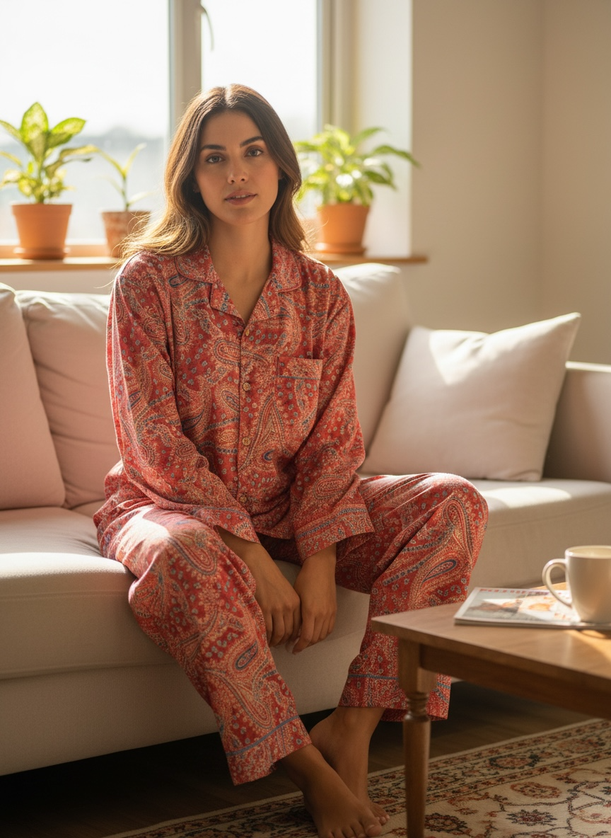 Women's Silk Blend Pajama Set in paisley with pockets