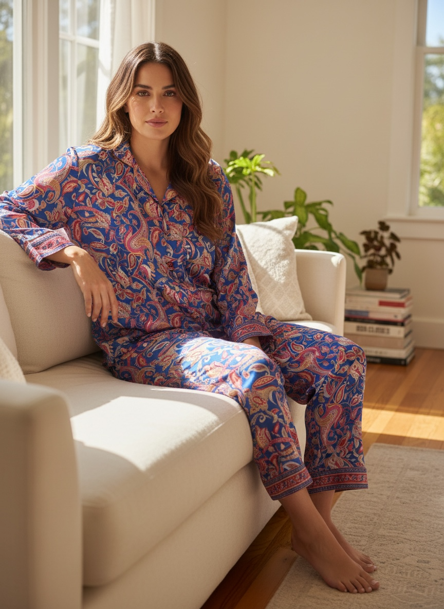 Silk Blend Women Pyjama Set | Silky Soft Cozy Breathable Bridal Nightwear, Paisley Pattern With Pockets, Bridesmaids PJ, Unique Gift For Her
