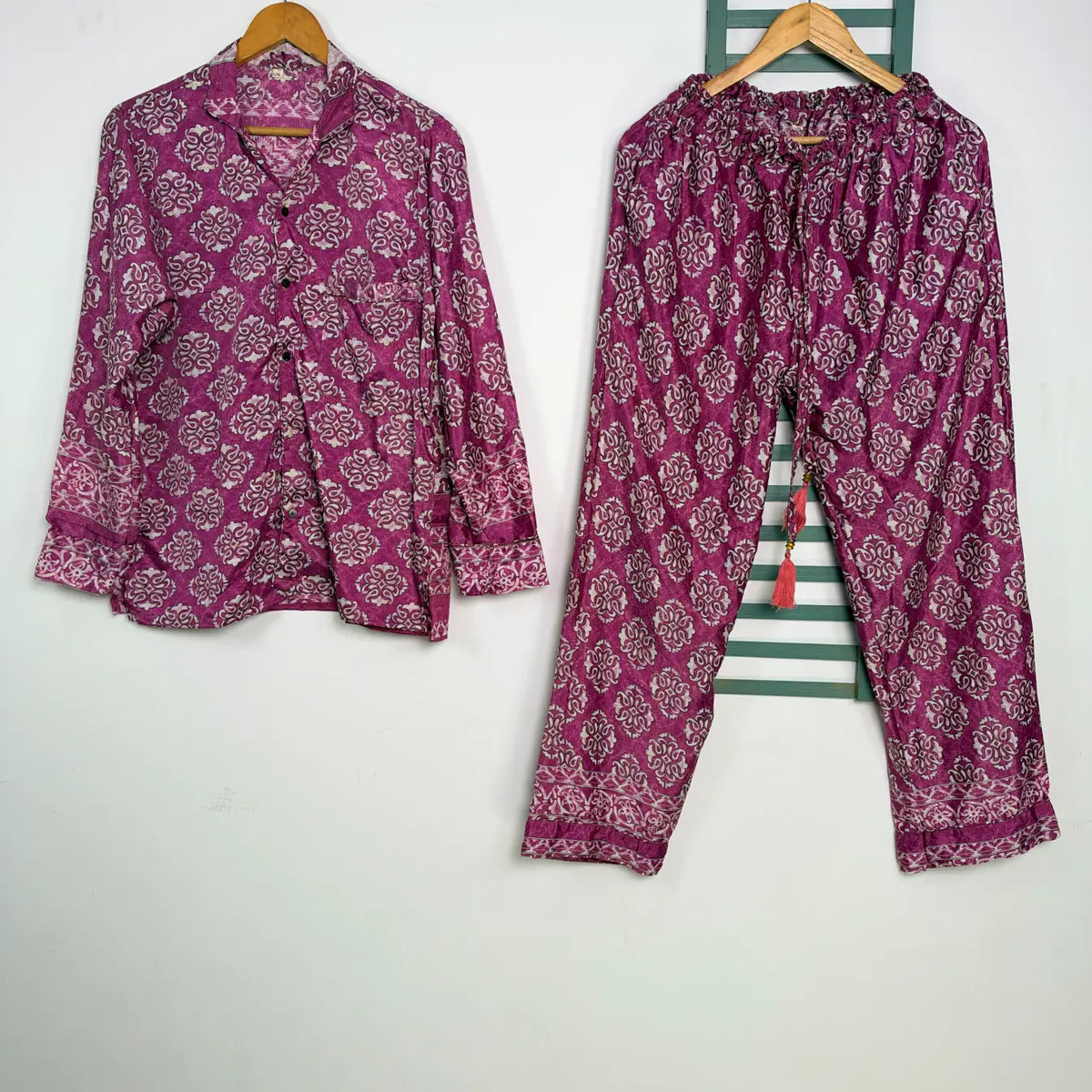 Boho Silk Sari Pajama Set, Colorful Handmade Loungewear for Women with Pockets, Short Sleeve Button Down Top, Drawstring Pants, Gift