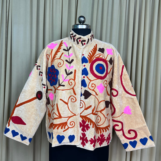 Boho Hand Embroidered Velvet Suzani Jacket, Beige Floral Open Front Coat Winter Wear Free Size Robe Retro Chic Free Size Robe Blazer for Her