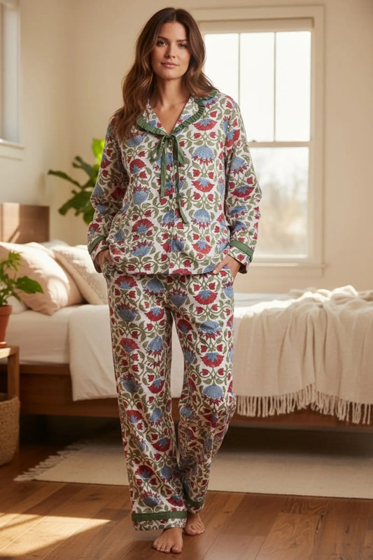 Pure Soft Cotton Pajama Set Two Piece, Indian Hand Block Floral Print | Luxury Sleepwear Loungewear Gift for Her, Valentine Anniversary Mom!