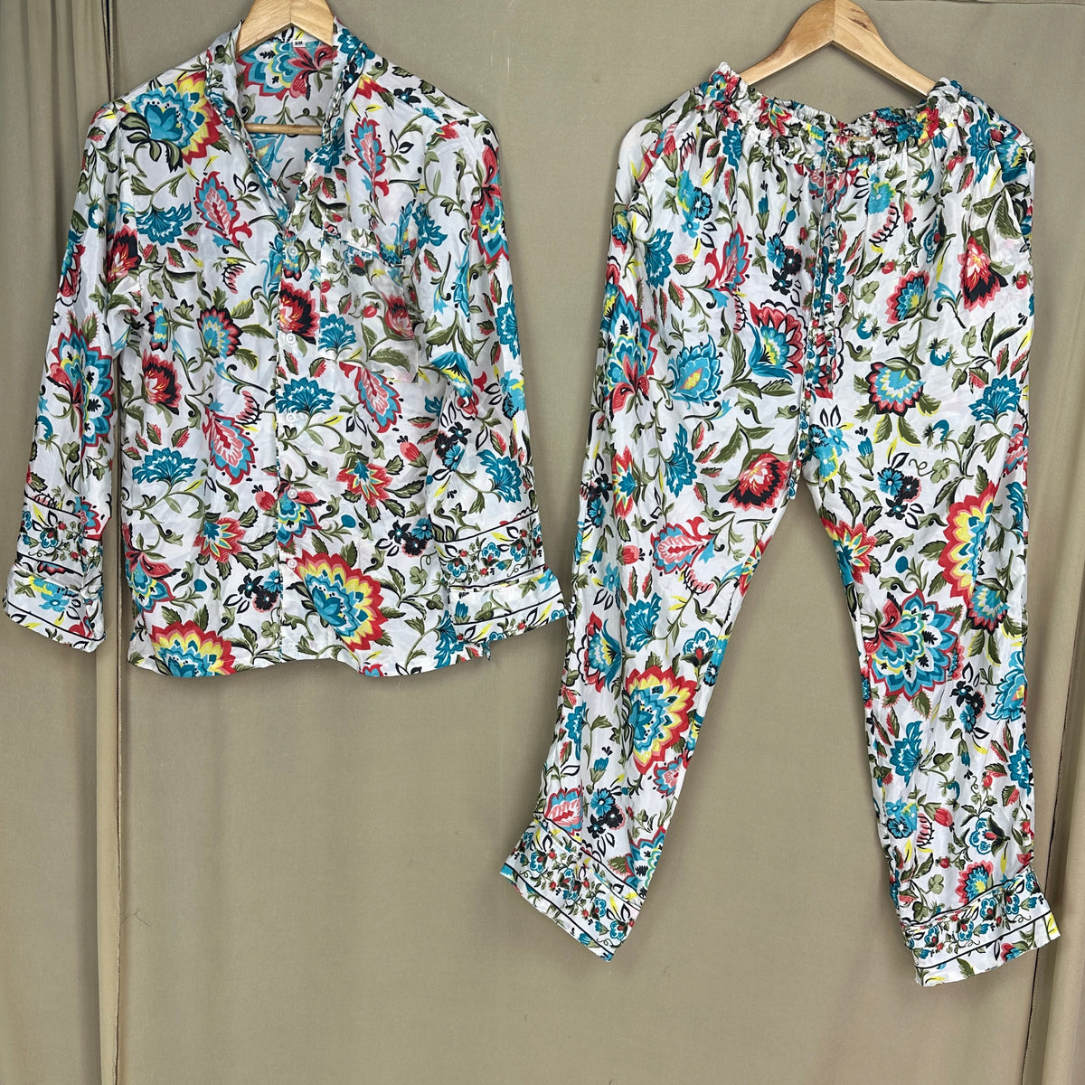 Silk Blend PJ Set |  White Floral Silky Soft Pajama Set