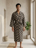 Mens Kimono Robe Cotton Handblock Dress, Indian Printed Man House Robe, Boho Beach Coverup Dressing Gown Lightweight Loungewear Gift For Him