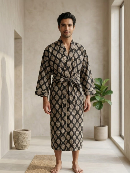 Mens Kimono Robe Cotton Handblock Dress, Indian Printed Man House Robe, Boho Beach Coverup Dressing Gown Lightweight Loungewear Gift For Him