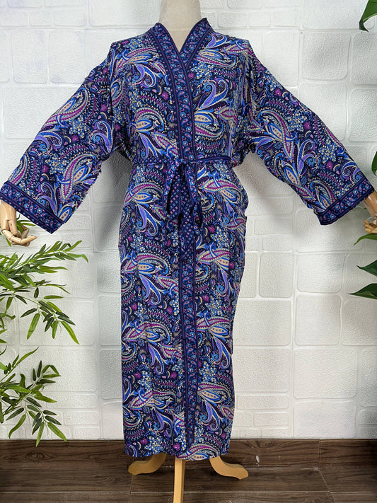 Silk Blend Kimono Robe: Floral Print Long Dressing Gown