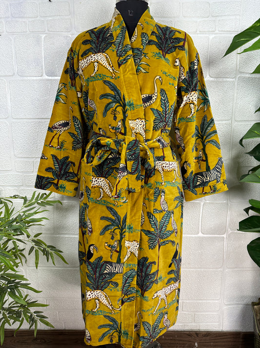 Velvet Kimono Robe: Reversible Silk Lined, Highland Yellow Safari Print