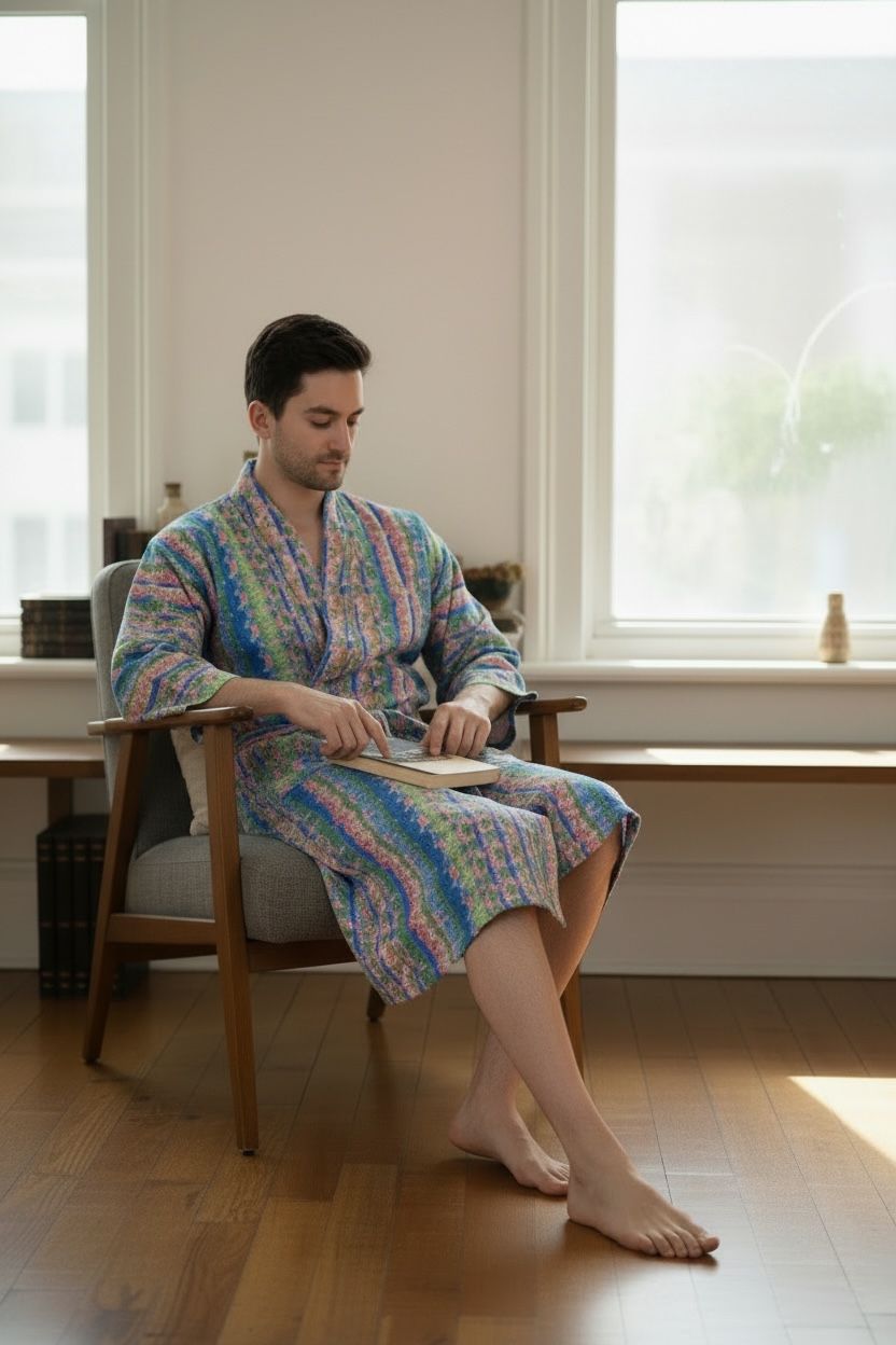 Men's Silk Kimono Robe in pink green geometric