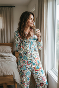 Silk Blend Pajama Set in white floral