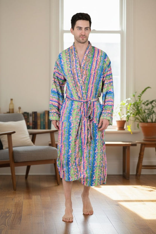 Boho Men's Soft Silk Kimono, Man Regal House Beach Robe, Geometric Persian King Elegant Pink Green Hues Beach Cover Up, Perfect Gift for Dad
