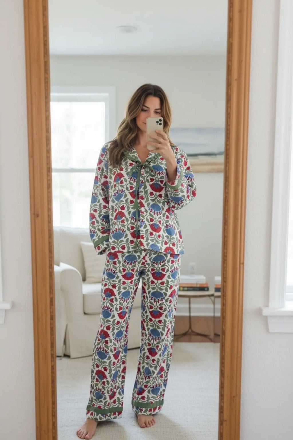Women's block-printed Cotton Pajama Set in floral