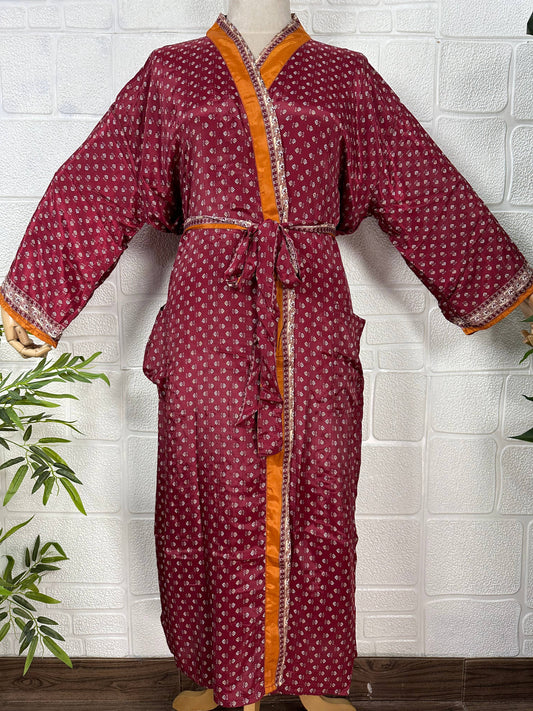 Silk Blend Kimono Robe: Floral Sari Fabric Dressing Gown