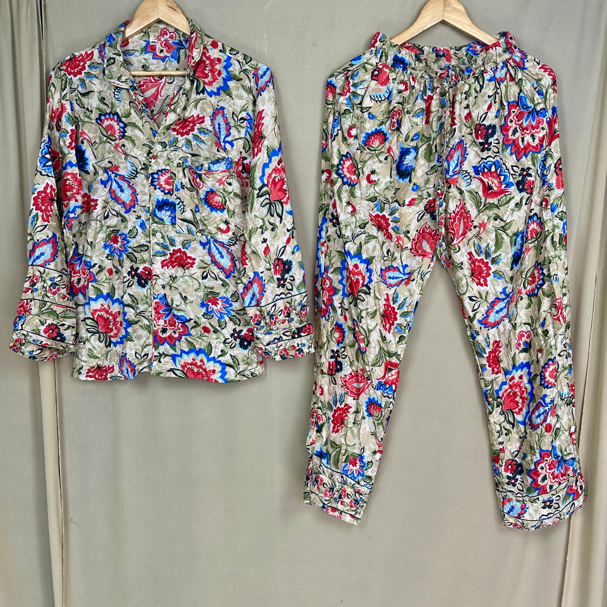 Silk Blend PJ Set |  Beige Floral Silky Soft Pajama Set