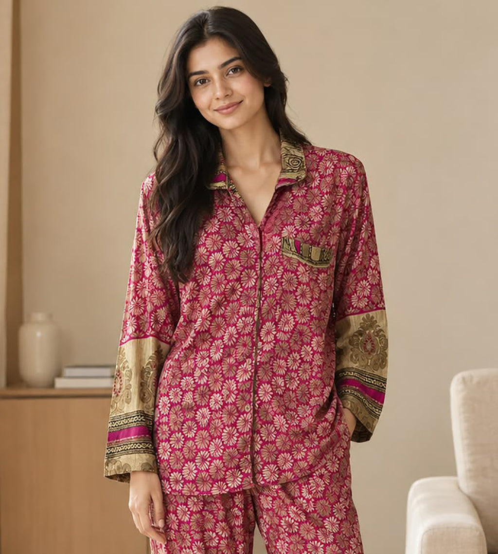 Silky Nightwear Pajama Set, Recycled Sari Silk Blend Luxury Lounge Set, Button Down Top, Drawstring Pants with Side Pockets, Gift