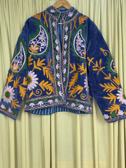 Boho Hand Embroidered Velvet Suzani Jacket, Blue Floral Open Front Coat Winter Wear Free Size Robe Retro Chic Free Size Robe Blazer for Her