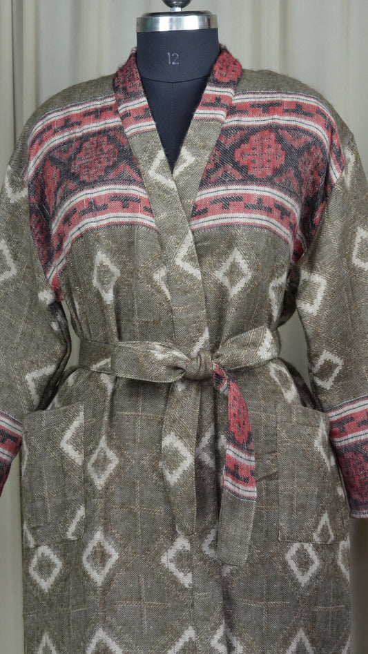 Yak Wool Blend Kimono Robe: Maroon Geometric Print, Warm Winter Wear