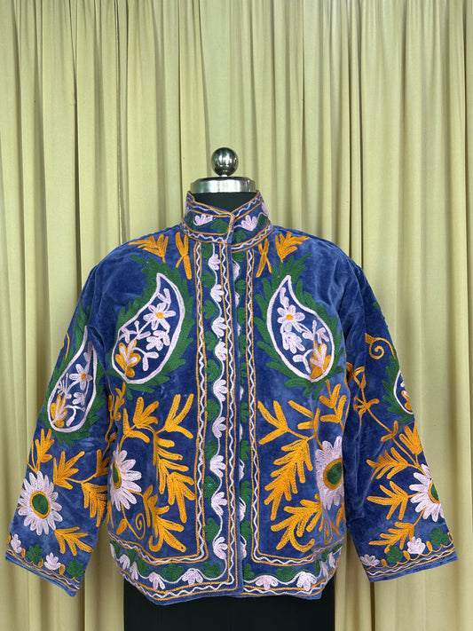 Boho Hand Embroidered Velvet Suzani Jacket, Blue Floral Open Front Coat Winter Wear Free Size Robe Retro Chic Free Size Robe Blazer for Her