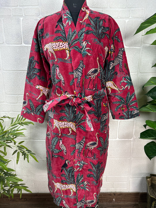 Luxury Velvet Kimono Robe: Reversible Silk-Lined Animal Print