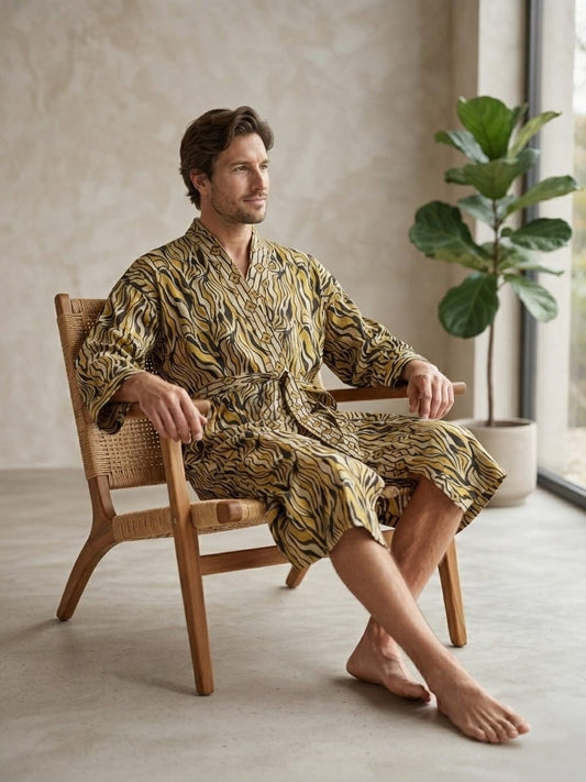 Mens Kimono Robe Cotton Handblock Dress, Indian Printed Man House Robe, Boho Beach Coverup Dressing Gown Lightweight Loungewear Gift For Him
