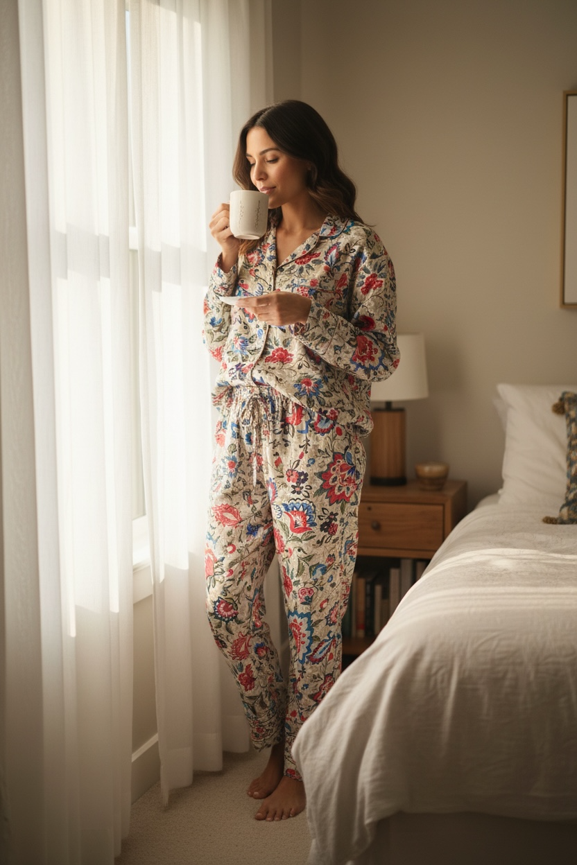 Silk Blend PJ Set |  Beige Floral Silky Soft Pajama Set