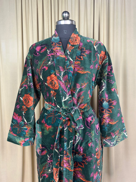Luxury Velvet Kimono Unisex House Robe | Boho Jacket Autumn Winter Christmas Gift Elegant Reversible Silk Lined | Quirky Gown Green Floral