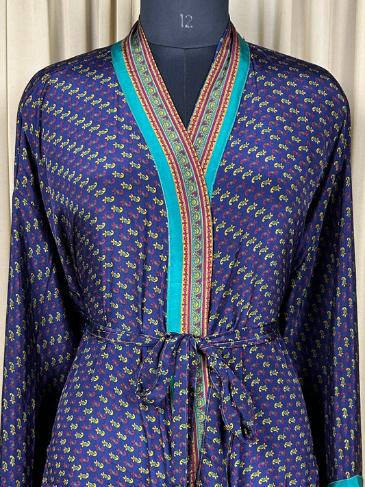 Recycle Silk Sari Women Kimono | Boho Chic Beach Cover Up Vintage Lounge Dressing Robe | Resort Wear Regal Gypsy House Robe, Blue Paisley