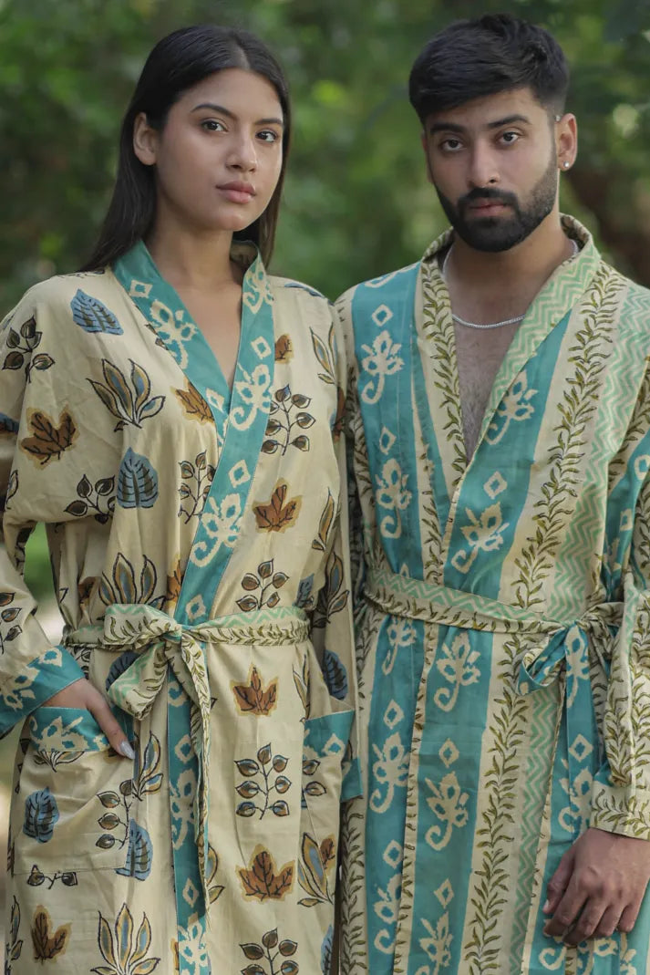 Men's Cotton Long Kimono Robe in striped with pockets