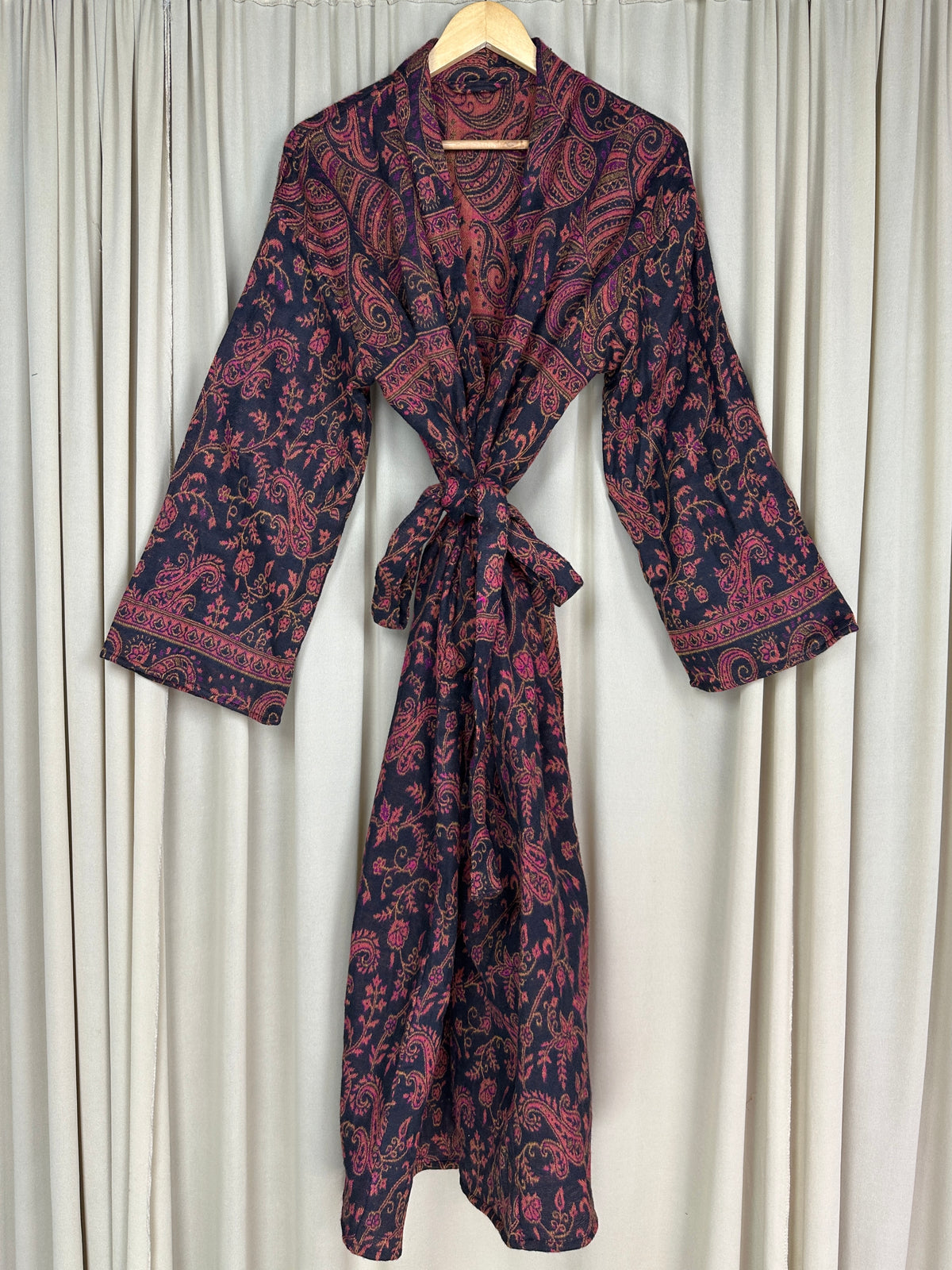 Yak Wool Blend Women Kimono Robe | Cozy Warm Winter Romance Loungewear, Black Paisley Cardigan House Coat with Pockets, Quirky Christmas Gift